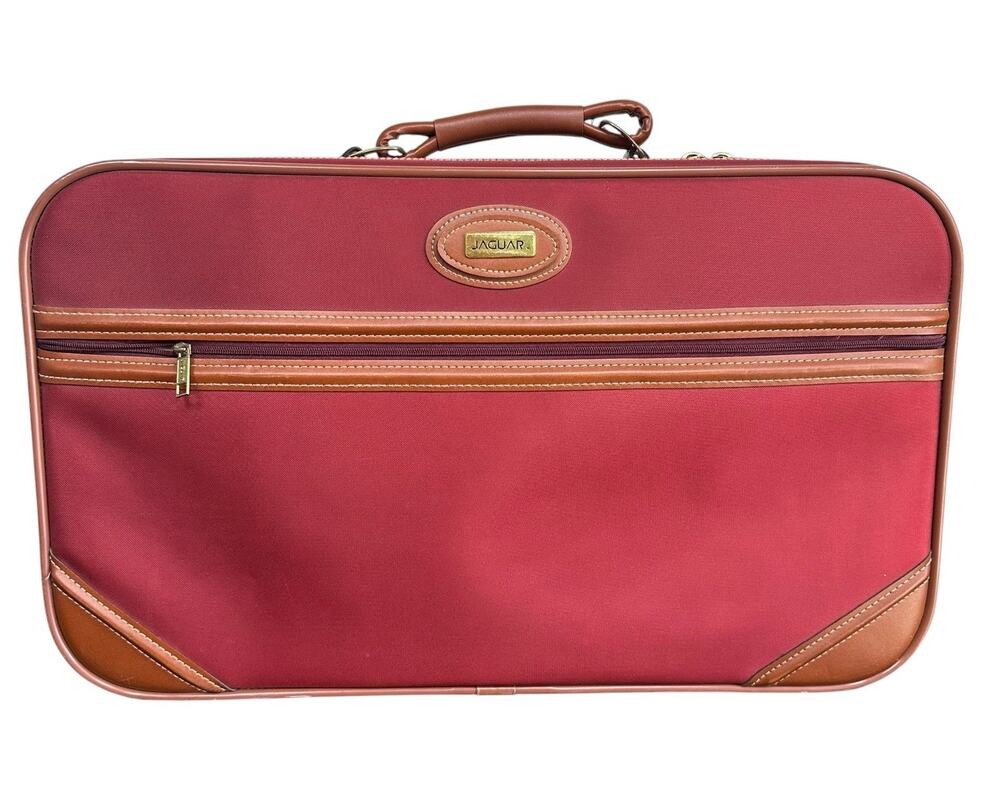 Vintage Jaguar Red Nylon Brown Leather Travel Bag Luggage Suit Case Carry On